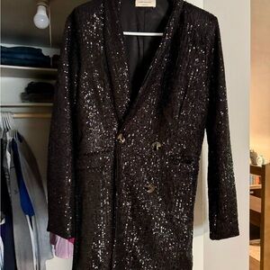 Black Sequin Blazer Jacket with Lapel Collar